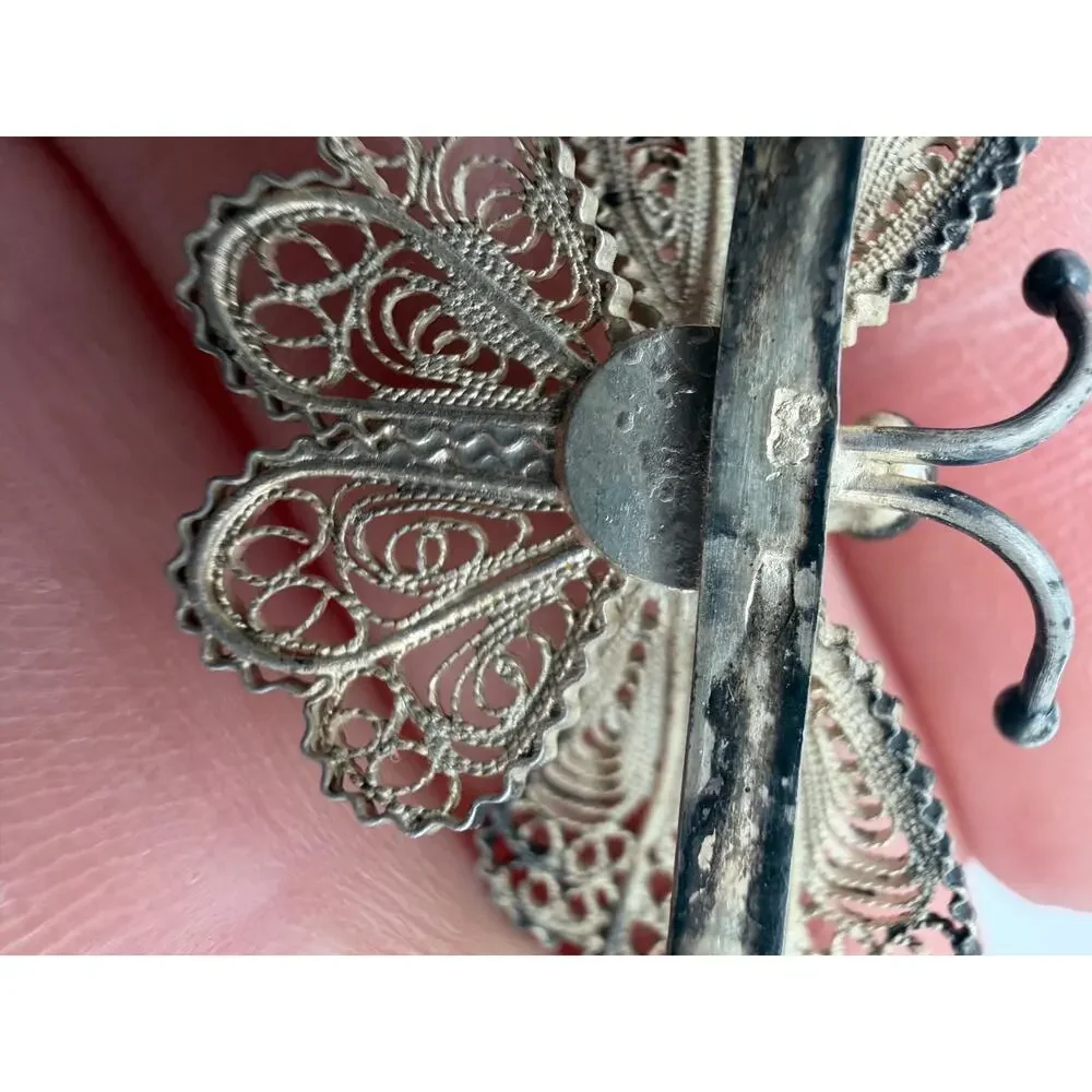 2 Vintage 800 Italian Silver Filigree Butterfly Brooch